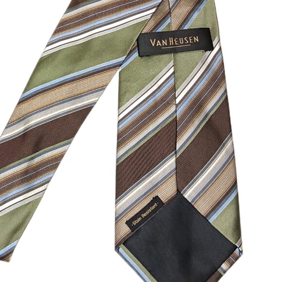 Van Heusen Silk Repp Tie Men’s Long 63” Brown Olive Stripe Preppy Designer Wide - Picture 4 of 4